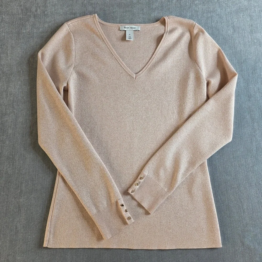White House Black Market V-Neck Sweater Womens M Champagne Pink Metallic Shimmer